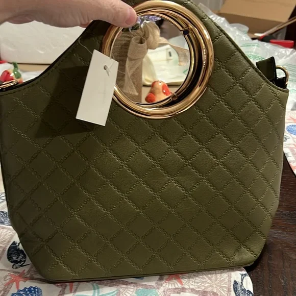 NEW Olive Green Quilted Handbag with Gold Accents - Picture 2 of 4